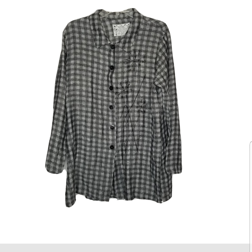LA Blend Gray Plaid 100% linen hi-low tunicTop Siz
